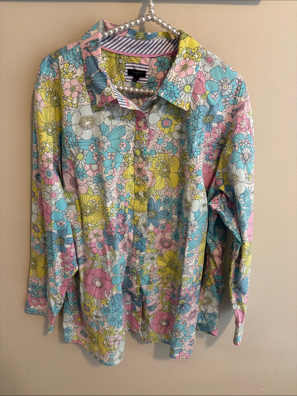 Talbots Womens 3X Plus Cotton Button Down Shirt Pastel Floral Long Sleeve Blouse
